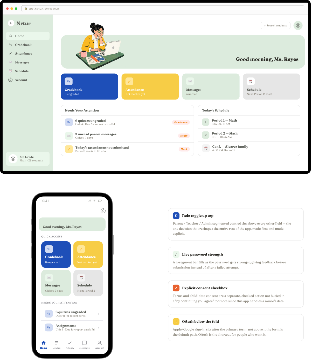 Teacher home with onboarding callouts