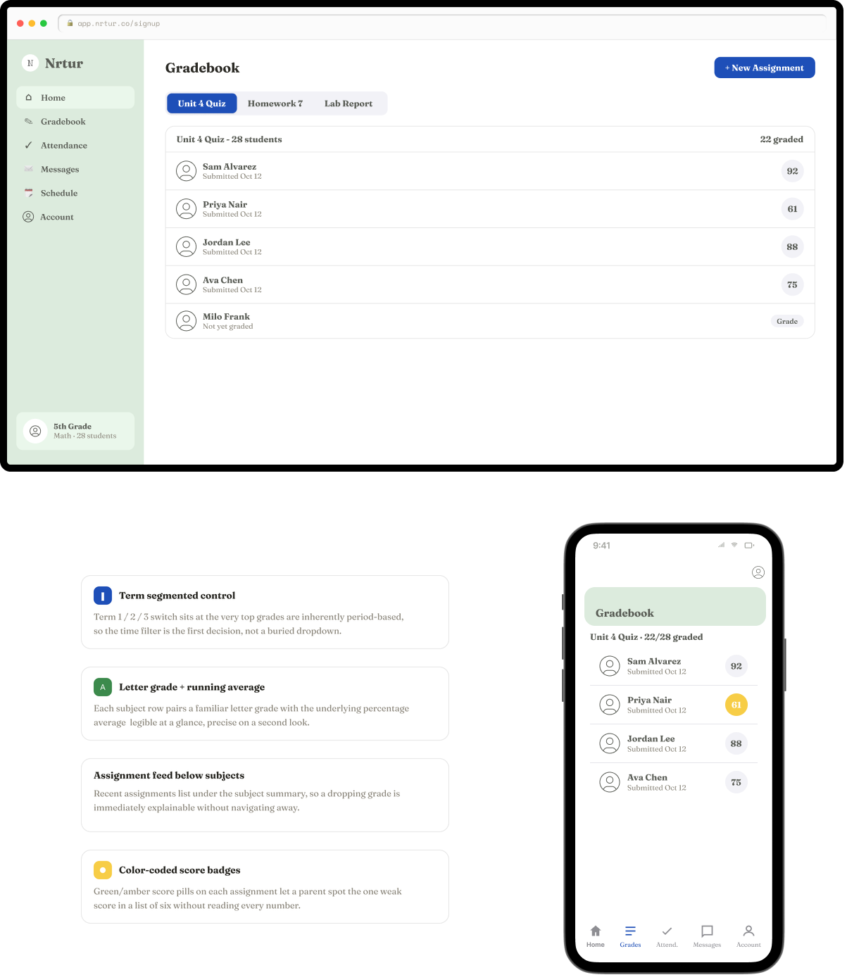 Teacher gradebook with feature callouts