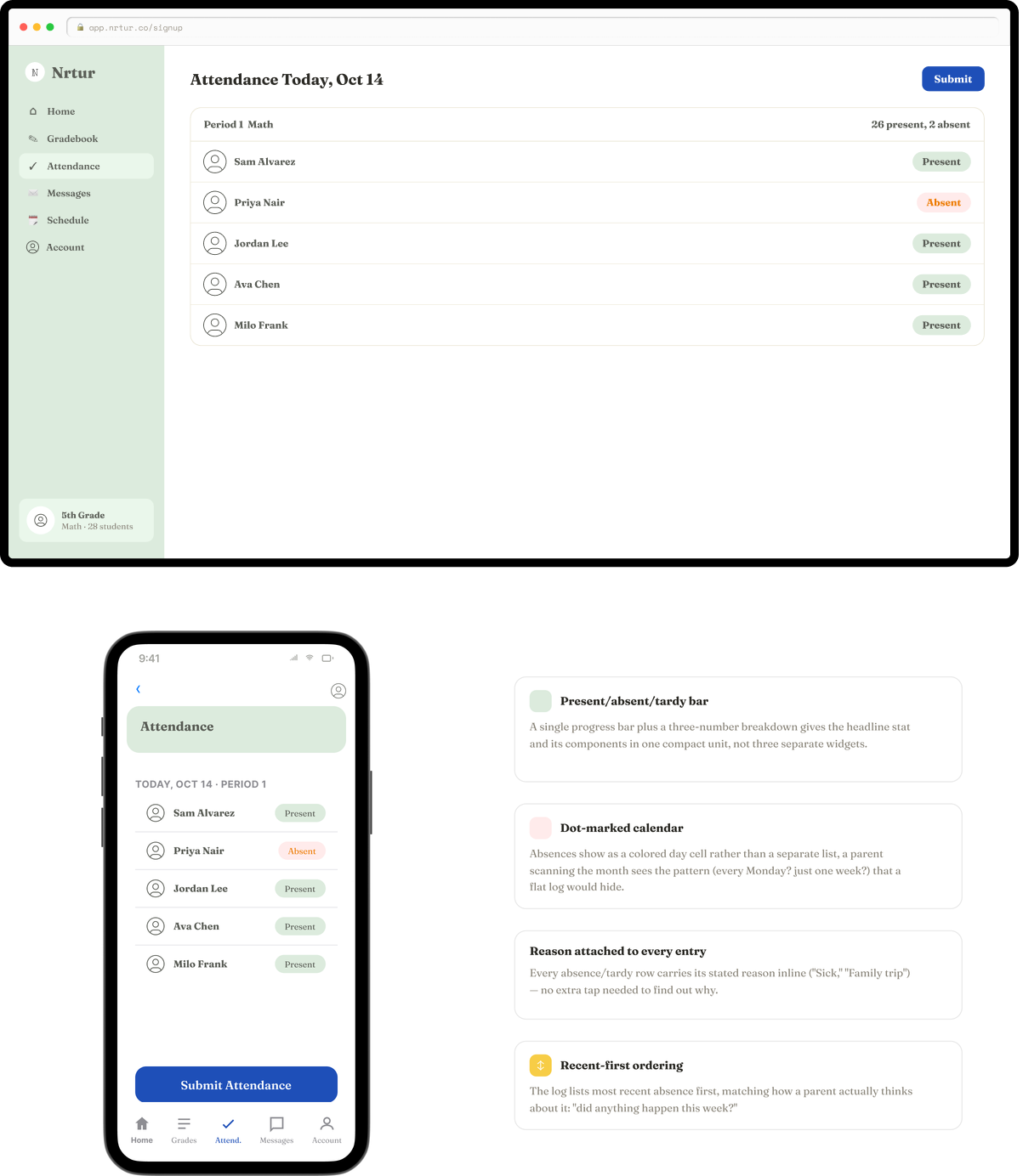 Teacher attendance with phone and feature callouts